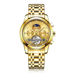 Close-up detail of LAOGESHI premium gold automatic mechanical watch with moon phase dial