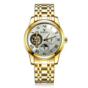Luxury gold automatic mechanical watch for men featuring a textured white dial and strap