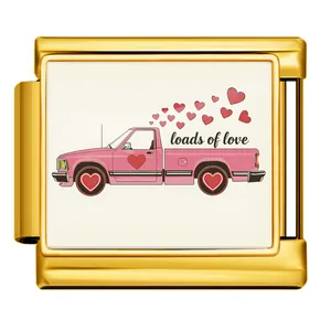 Gold Italian modular charm featuring a pink truck with hearts and 'loads of love' text