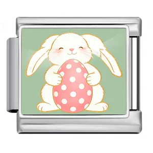 Stainless steel Italian charm link with cute Easter bunny holding a pink polka dot egg
