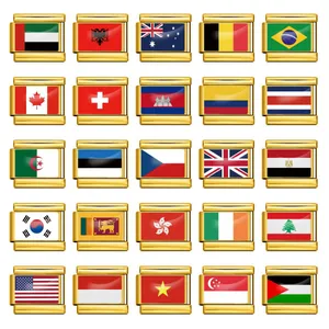Grid display of various world flag Italian charm links in gold plated stainless steel
