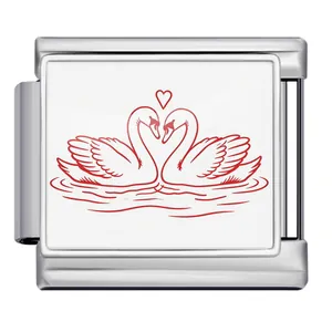 Stainless steel Italian modular charm link featuring a red romantic swan heart art