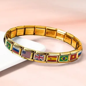 Gold Italian modular bracelet with world flag charms, stainless steel elastic band jewelry