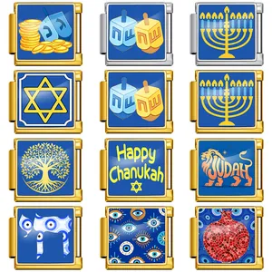 Vue détaillée des breloques de bracelet modulaire Hanukkah en acier