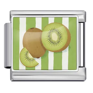 Macro view of a stainless steel Italian charm link featuring a kiwi fruit design