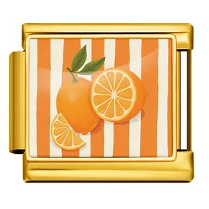 Gold stainless steel Italian charm link with a bright orange fruit pattern on stripes.