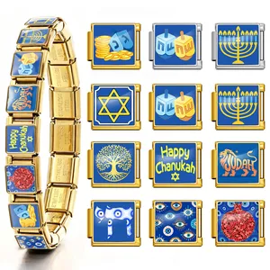 Hanoucca Juif Italien Charm Bracelet Maillons Acier Inoxydable DIY Étoile De David Menorah Dreidel Lion De Juda Charm Maillons