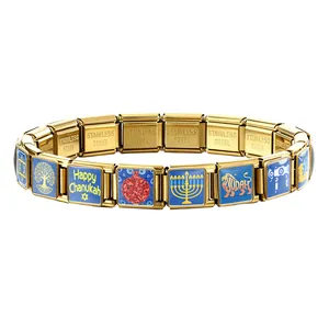 Bracelet modulaire italien Hanukkah doré avec symboles juifs en acier inoxydable