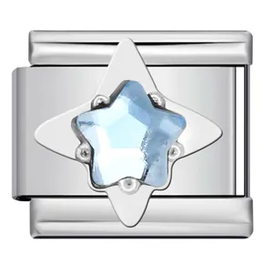 Light blue star rhinestone Italian charm link in polished stainless steel for DIY bracelets