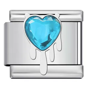 Stainless steel Italian charm link with blue faceted heart crystal and dripping detail