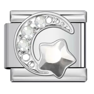 Shiny stainless steel Italian charm bracelet link featuring moon and star with rhinestones