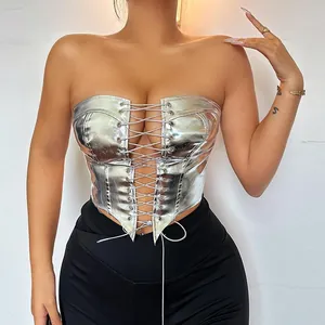 Women Sexy Metallic Lace Up Bustier Top Strapless Pointed Hem Polyester Slim Fit Waist Cinching Corset Tank Top For Party