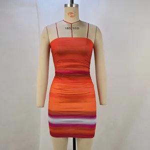 Detailed front view of a vibrant rainbow print bodycon mini dress on a mannequin