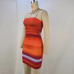 Side view of rainbow print strapless ruched bodycon mini dress on a mannequin