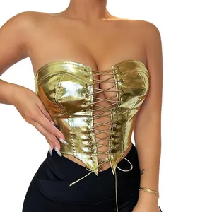 Sexy metallic gold lace-up strapless corset top for women, trendy chic streetwear style