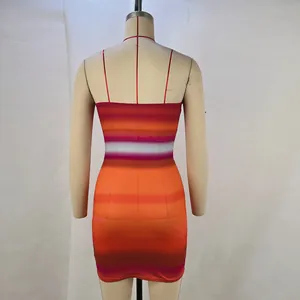 Back view detail of sexy rainbow print bodycon mini dress with thin straps for nightclub