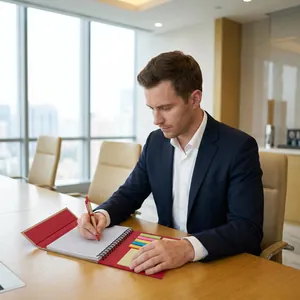 Professional red spiral notebook set with colorful sticky notes used in a modern office