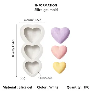Gedetailleerde afmetingen en materiaalinformatie voor drievoudige hart siliconen mal.
