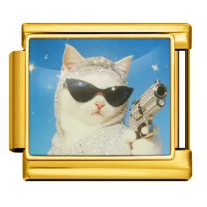 Gold stainless steel Italian charm featuring a cool cat with sunglasses and a revolver