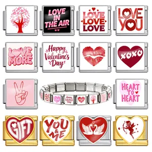 Valentine's Day Italian Charm Links Stainless Steel Modular Bracelet DIY Heart Love Vibes Personalized Jewelry For Men Women Gifts