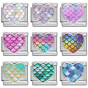Irisierende Meerjungfrau Fischschuppe Herz Italienisch Charm Link Edelstahl DIY Armband Zubehör Bedruckter Modularer Schmuck Charm