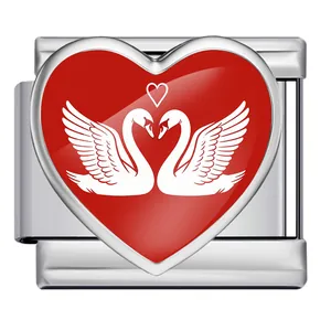 Exquisite stainless steel Italian modular charm featuring a red heart and twin swans motif