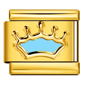 Eslabón de charm italiano dorado con corona de esmalte azul para pulseras DIY