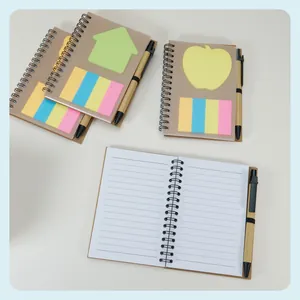 Close-up detail of mini A6 spiral notebook set with vibrant sticky notes and matching pen