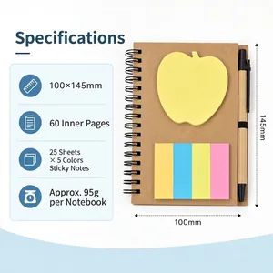 Compact A6 Kraft spiral notebook set with apple-shaped sticky notes and a matching pen