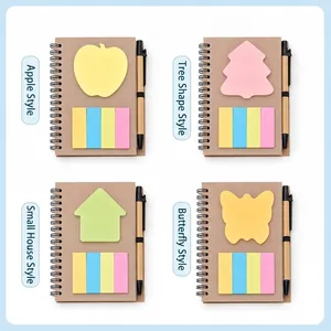 Mini A6 spiral notebook stationery set with colorful sticky notes and ballpoint pen, 4 styles
