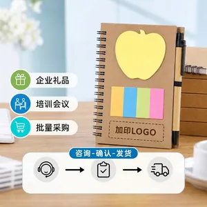 Mini A6 spiral notebook with kraft cover, sticky notes, and matching pen for office.