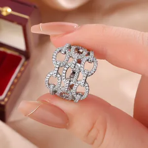 Minimalist Gold Plated Copper Hollow Link Rhinestone Open Ring For Women Luxury Geometric Hexagon Finger Ring Jewelry Gift