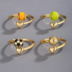 Gold-Plated Copper Sports Themed Open Adjustable Ring Colorful Enamel Soccer Baseball Tennis Heart Rings For Women Jewelry Gift