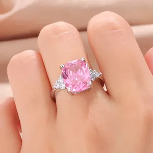Women's Fashion Copper Pink Rhinestone Ring Silver Plated Cushion Cut Main Stone Engagement Wedding Party Jewelry Gift