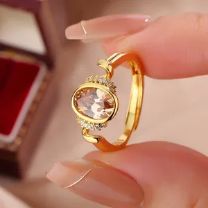 Luxurious Brass Gold Plated Geometric Ring For Women Champagne Oval Rhinestone Inlaid Adjustable Commute Fashion Finger Ring