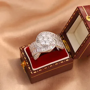 Detailed view of luxury silver cluster ring with sparkling pave cubic zirconia