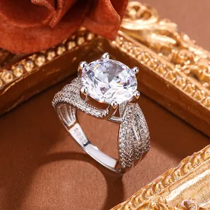 Macro shot of a 5-carat sparkling cubic zirconia ring with six-prong crown setting