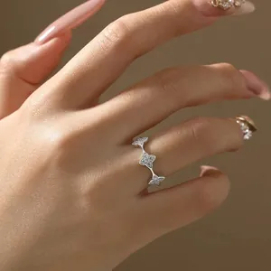 Sweet Fashion Brass Rhinestone Heart Bow Vajra Pestle Open Ring For Women Adjustable Niche Design Elegant Jewelry Gift