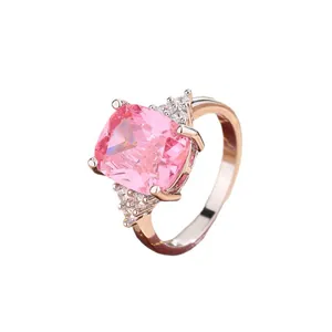 Elegant cushion-cut pink gemstone ring with rose gold plating for women's engagement
