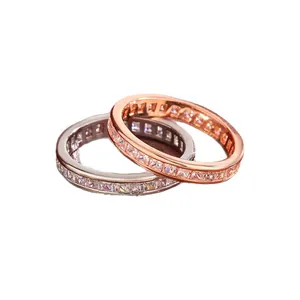 Elegant square-cut zircon eternity rings featuring silver and rose gold plated finishes