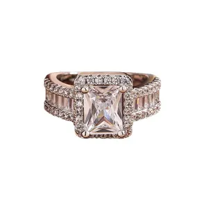 Elegant rectangular zircon halo ring for women engagement or party fashion jewelry.