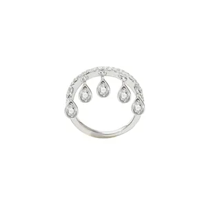 Silver crescent ring with five dangling pear-shaped clear stone charms