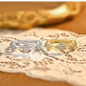 Exquisite gold and silver four-leaf clover open rings with sparkling crystals for women
