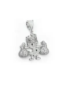 Detailed view of an iced out dollar sign hip-hop pendant with crown and money bags