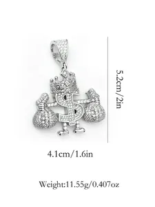 Macro view of iced-out dollar sign pendant showing 5.2cm height and weight info.