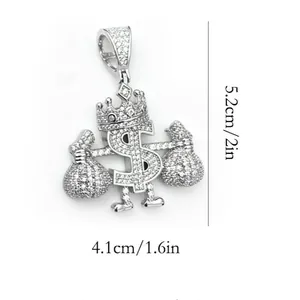 Iced out dollar sign pendant featuring a crown and money bags for hip hop jewelry