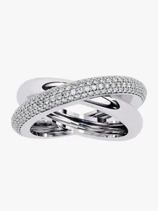 Detailed close-up view of a silver interlocking criss-cross ring with pavé-set clear stones.