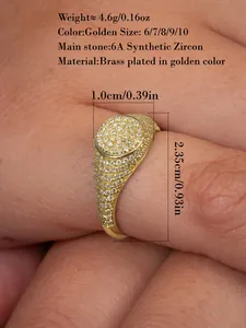 Detailed view of hip-hop oval ring with pavé 6A zircons and dimensions