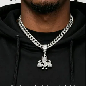 Iced out Cuban chain necklace with a crowned dollar sign and money bags pendant