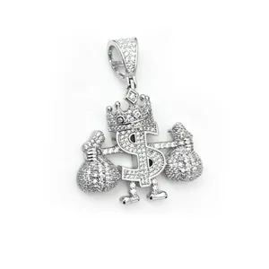 Iced out dollar sign pendant with crown and money bags for hip hop necklace.